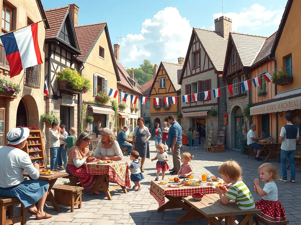 A vibrant image depicting a traditional French festival in RYES, with people of all ages participating in games, enjoying local food, and celebrating together. The scene captures the essence of community spirit and cultural heritage.
