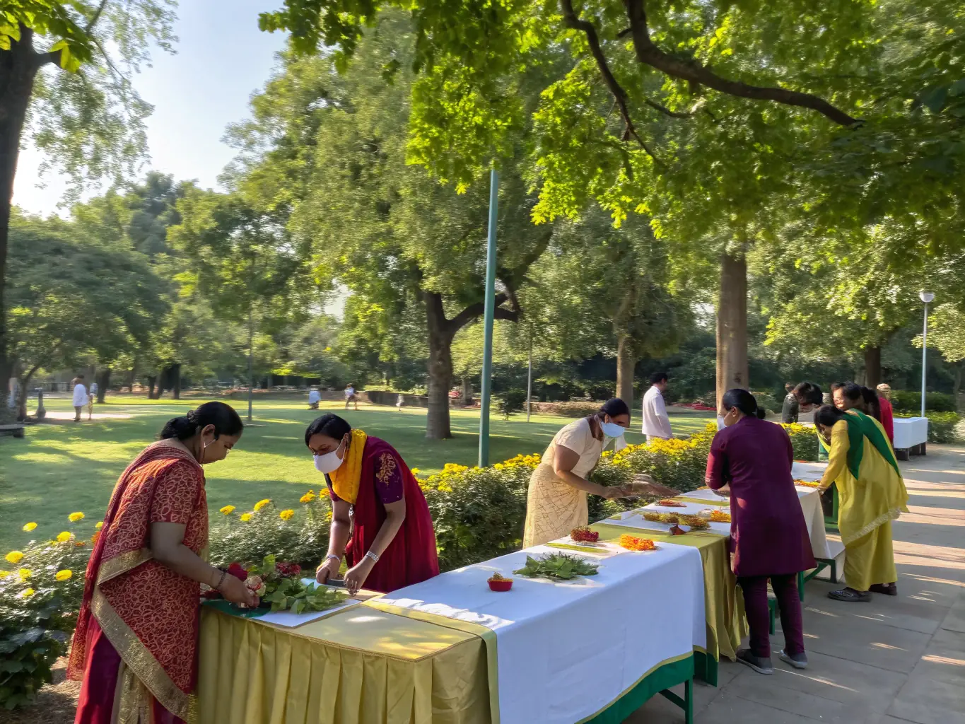 A vibrant image depicting volunteers setting up for a local festival, showcasing community spirit and collaboration.