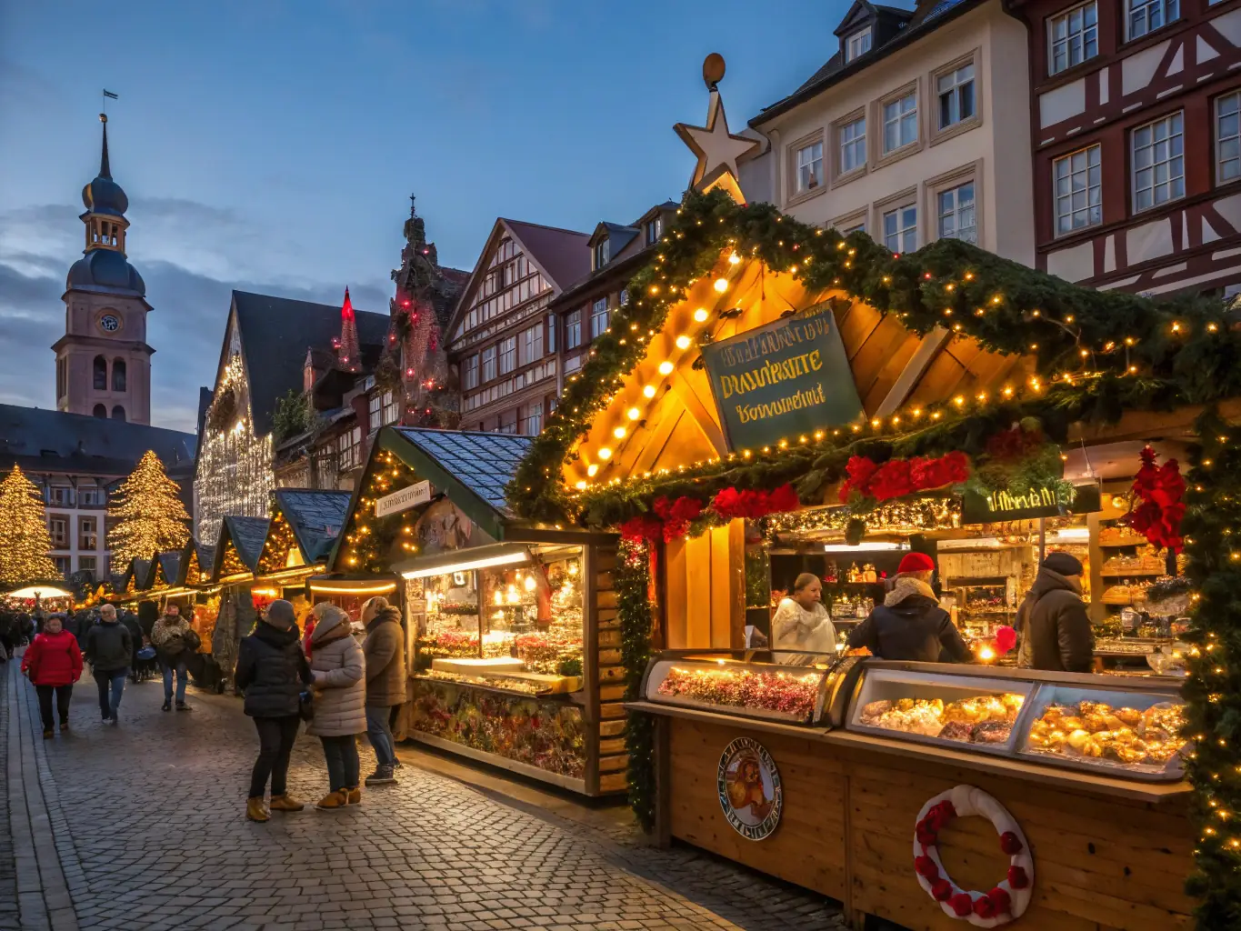 A photograph showcasing a traditional French Christmas market scene, with wooden chalets selling festive goods, twinkling lights, and people bundled up in winter clothing, capturing the essence of a COMITE DES FETES Christmas event.