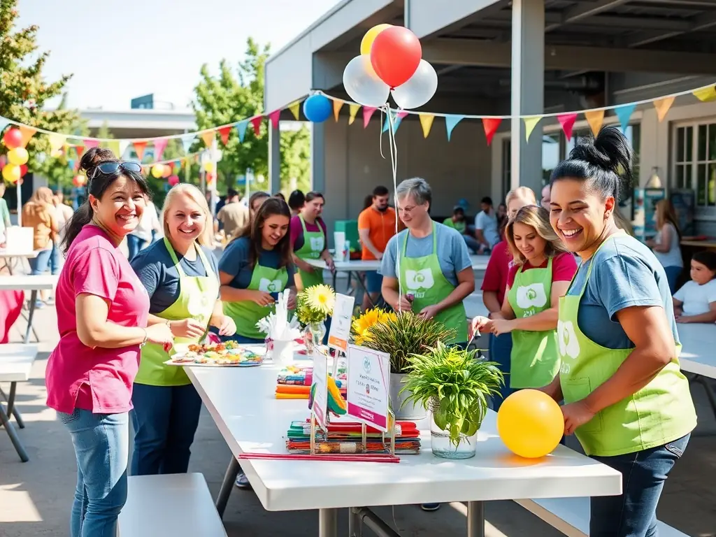 A photograph of volunteers from COMITE DES FETES working together to set up an event, demonstrating their commitment to community service and collaboration. The image highlights the importance of teamwork and dedication in organizing successful events.