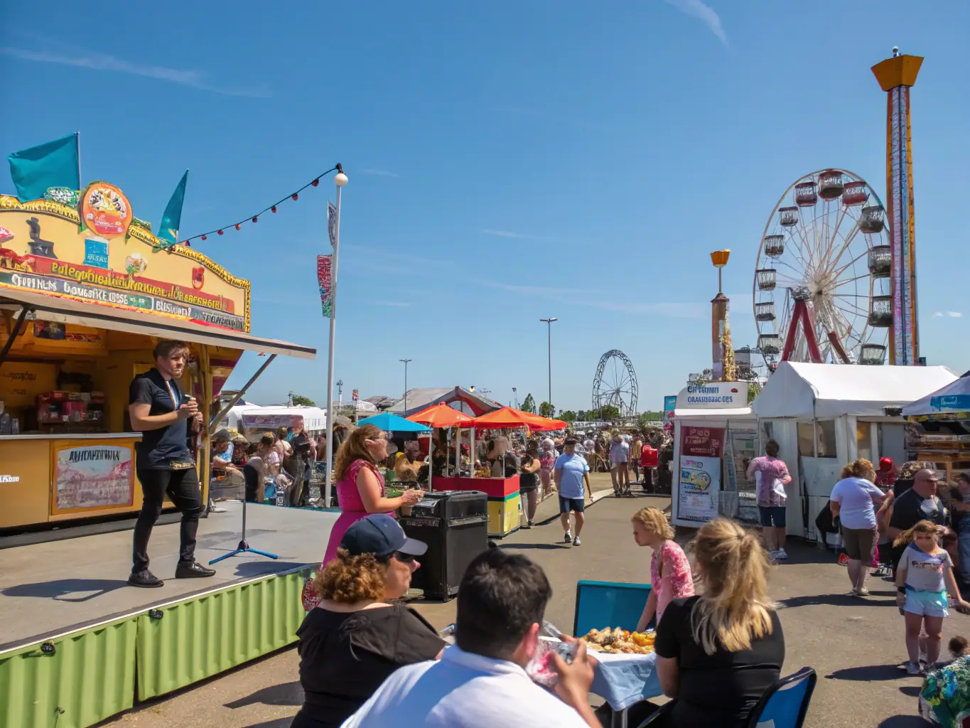 A vibrant image depicting a lively town square filled with people enjoying a summer festival, complete with market stalls, live music, and colorful decorations, representing a typical event organized by COMITE DES FETES.